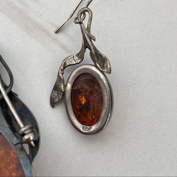 Vintage Sterling silver 925 Baltic Amber necklace pendant pin earrings brooch - Picture 3 of 16